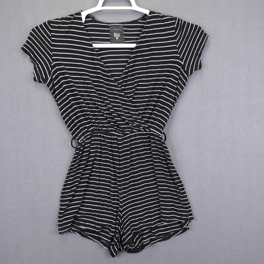 Billabong Romper Essentials Surfer Ribbed Striped Black White Small V-Neck Short